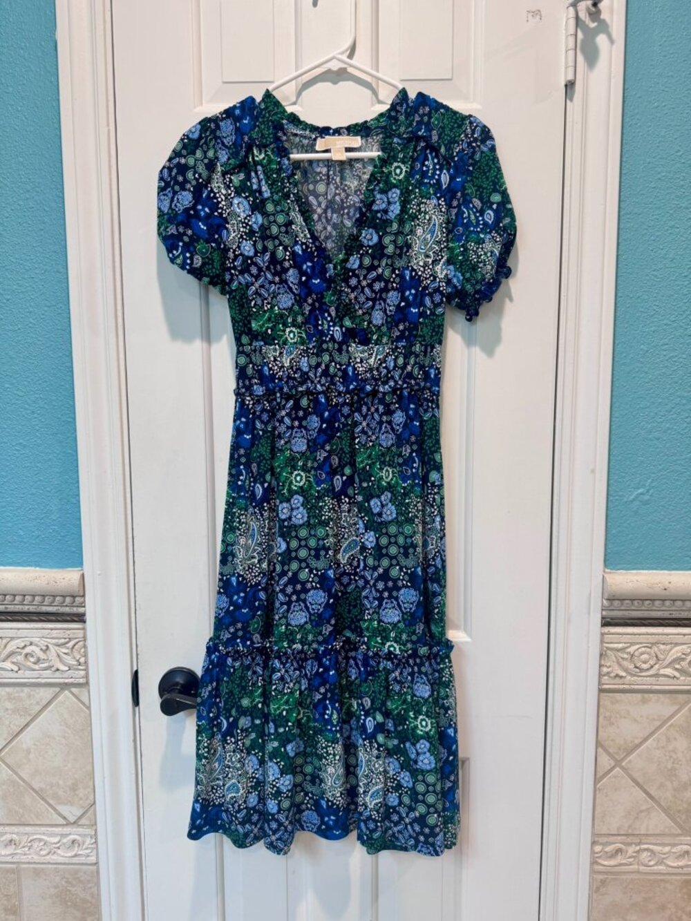 Michael Kors Blue & Green Floral Ruffle Dress